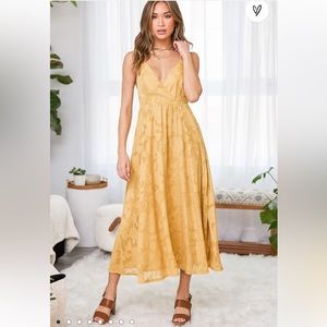 Lulus Philosophy of Beauty Mustard Yellow Burnout Floral Midi Dress, Size Small